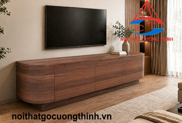 Tủ tivi phòng khách bo cong đẹp vân gỗ óc chó