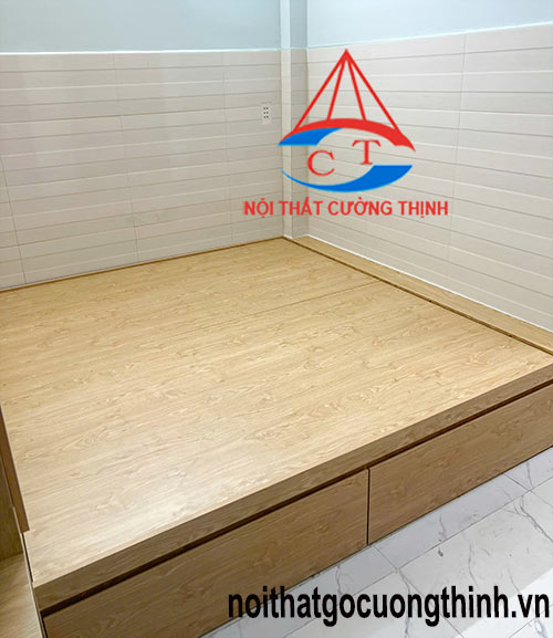 Giường có ngăn kéo liền tủ kệ quần áo vân gỗ hiện đại