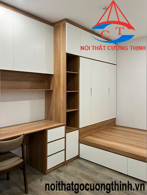 Mẫu giường liền tủ quần áo kết hợp bàn học đẹp