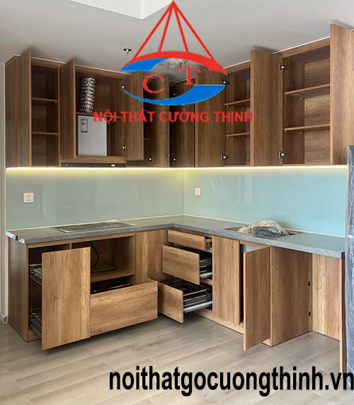Tủ bếp chữ L kịch trần đẹp hiện đại 