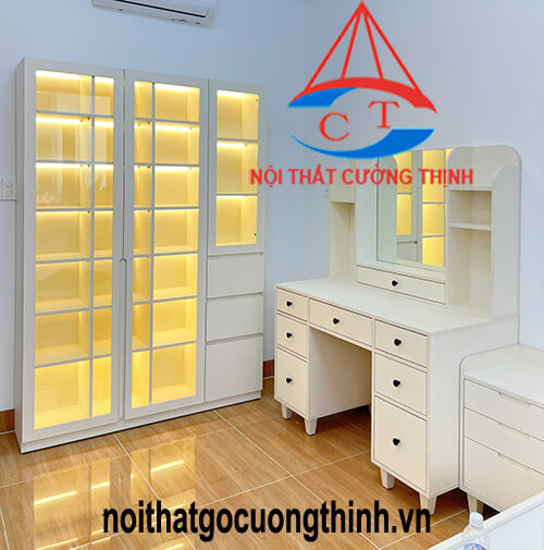 Mẫu tủ trưng bày màu trắng đẹp có đèn Led hiện đại