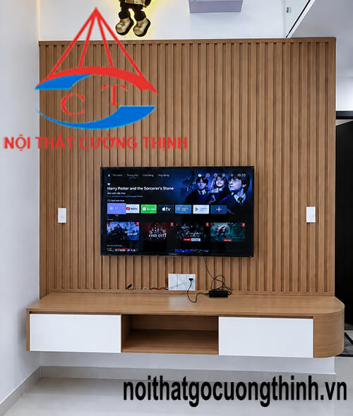 Mẫu tủ kệ tivi treo tường kết hợp ốp vách hiện đại sang trọng