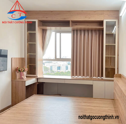 Bàn làm việc kèm giá sách cánh kính và bàn trang điểm nhỏ