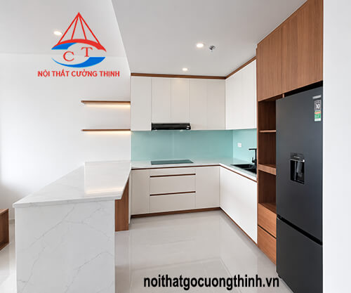 Mẫu tủ bếp gỗ nhựa có bàn đảo đẹp đơn giản